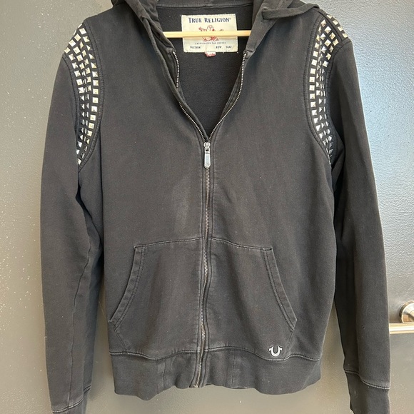 True Religion L unisex Black Studded Hoodie vintage Y2K faded and worn Y2K - Picture 4 of 14